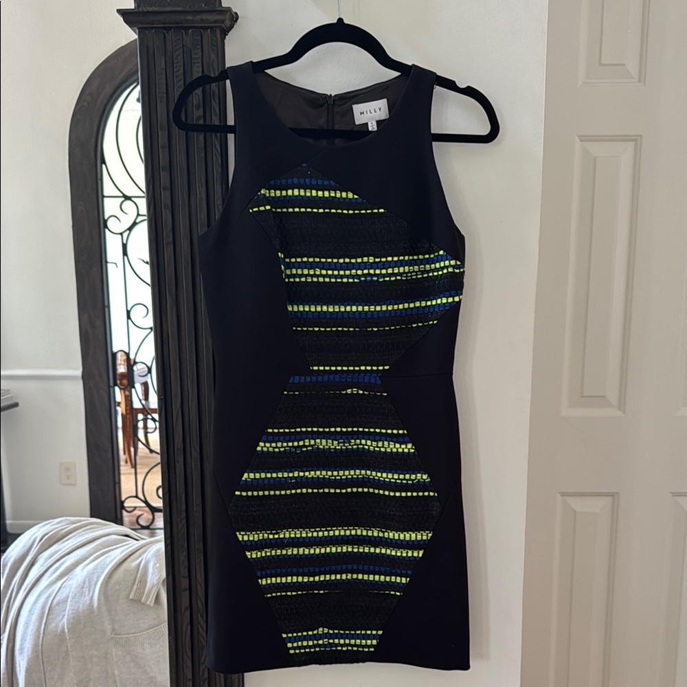 Milly Blue and Black Embellished Halter Mini Dress
